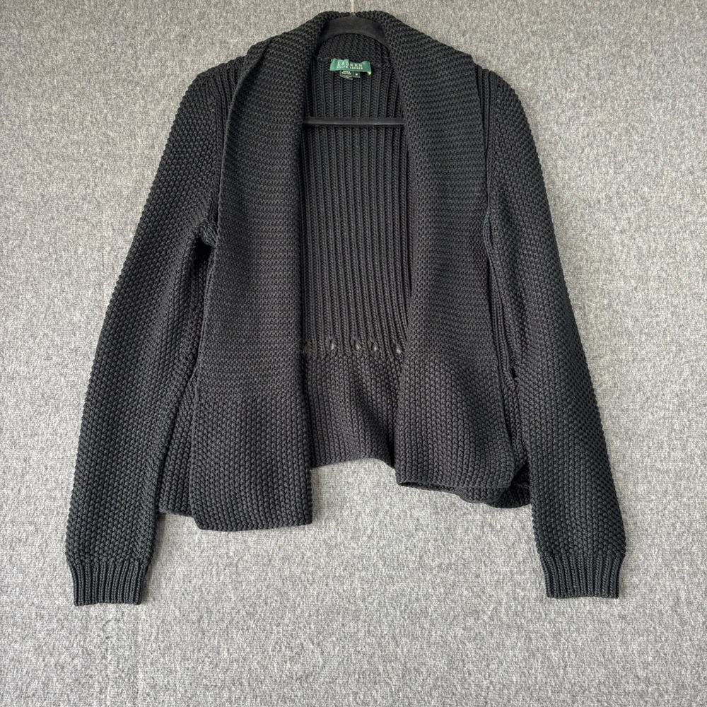 Lauren Ralph Lauren Black Cotton Shawl Collar Peplum Open Front‎ Cardigan Medium